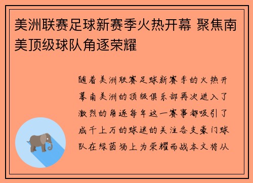 美洲联赛足球新赛季火热开幕 聚焦南美顶级球队角逐荣耀