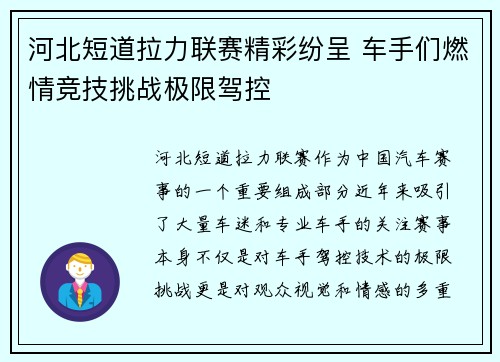 河北短道拉力联赛精彩纷呈 车手们燃情竞技挑战极限驾控
