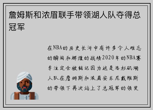 詹姆斯和浓眉联手带领湖人队夺得总冠军