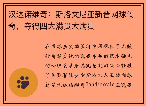 汉达诺维奇：斯洛文尼亚新晋网球传奇，夺得四大满贯大满贯